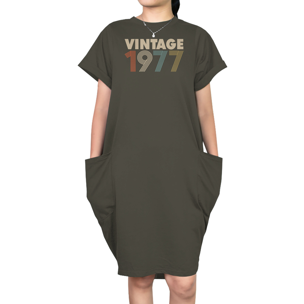 Vintage 1977 Loose Short Sleeve Pocket On Dress