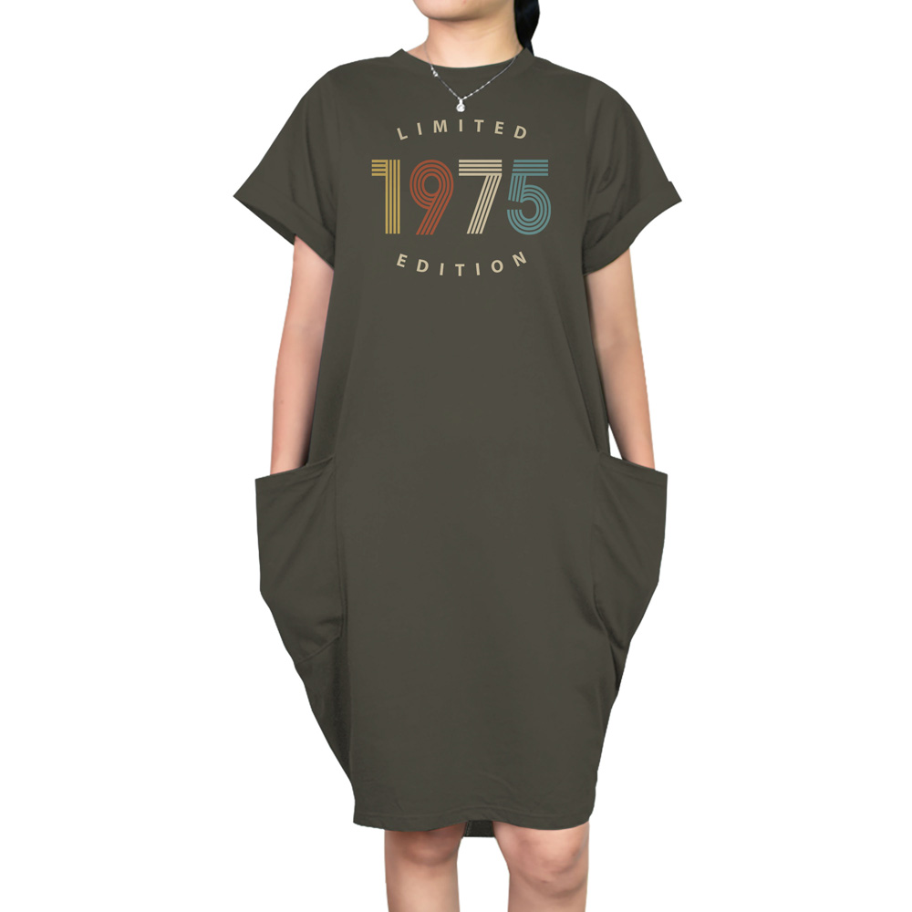 Limited Edition 1975 Loose Short Sleeve Pocket On Dress